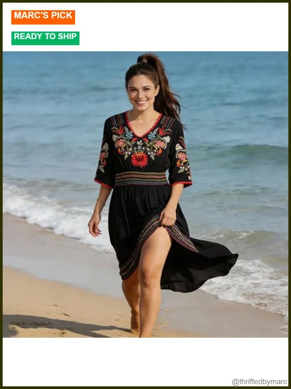 Mexican Floral Embroidered Boho Midi Dress Women A-Line V-Neck